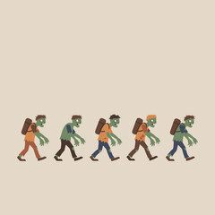 Five cartoon zombies with backpacks walking in a line on a plain background.