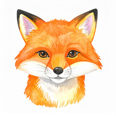 Obraz premium Hand-painted watercolor cartoon fox, bright orange fur, playful expression, wild animal illustration