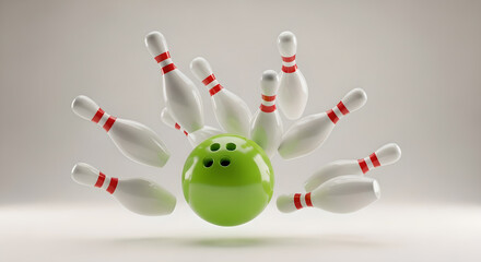 Bowling Ball Strikes Pins Green White Isolated On White