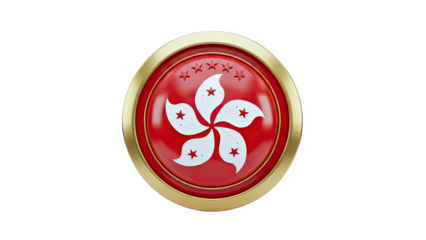 3D Hong Kong flag emblem round icon with gold border on transparent background