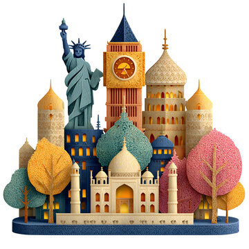 Famous World Landmarks in Paper Cut Illustration Style