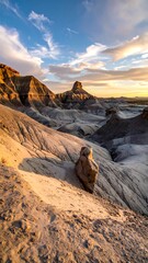 Vertical landscape with eroded badlands at sunset, clouds in blue sky, textured terrain in golden light