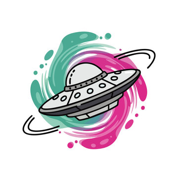 Whimsical cartoon UFO spacecraft with colorful swirling vortex and orbiting rings, representing alien visitation and space exploration.