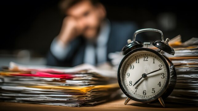 Classic alarm clock showing 7 o'clock sitting on a large messy stack of paperwork with a stressed businessman blurred in the background scene.