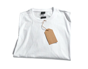 White t-shirt, folded. Brown tag attached to the shirt