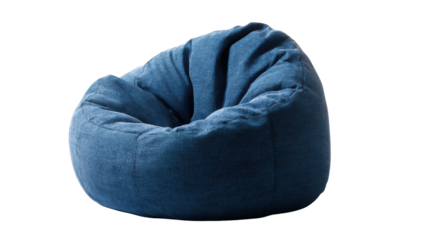 Modern blue beanbag chair, soft comfortable seating furniture element for relaxation, isolated on transparent background
