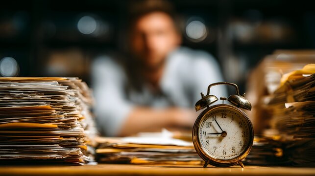Classic alarm clock showing 7 o'clock sitting on a large messy stack of paperwork with a stressed businessman blurred in the background scene.