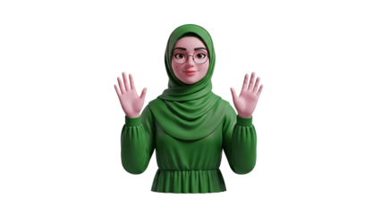 3D Muslim woman wearing hijab and glasses waving hello on transparent background