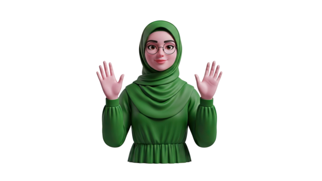 3D Muslim woman wearing hijab and glasses waving hello on transparent background - Powered by Adobe