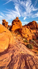 Vertical view of red rock formations with wispy clouds against a blue sky in a desert landscape