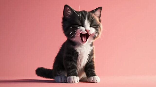 Cute fluffy black and white kitten standing on hind legs, stretching and meowing with mouth wide open, on a simple pink background, perfect for playful pet content, children's animation