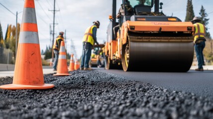 Roadworkers compacting fresh asphalt