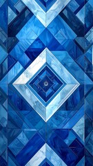 Vibrant blues and whites in a geometric diamond pattern with layered textures