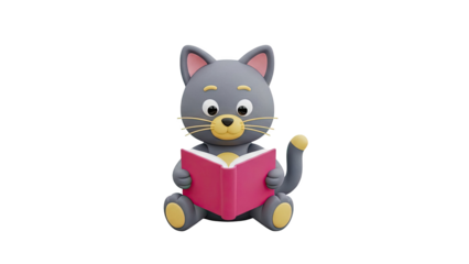 Cute cartoon cat reading a pink book on transparent background