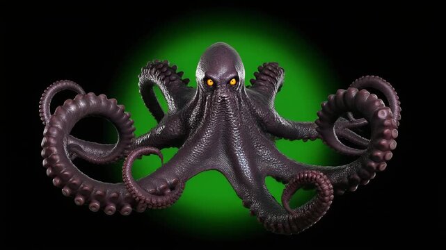 Shadowy octopus monster with glowing green core and red eyes emerging from darkness, eerie horror animation.