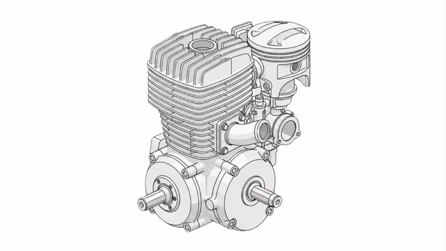 Two-stroke internal combustion engine assembly view, mechanical piston engine technical illustration