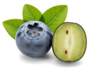Obraz premium Studio food photography of organic blueberries with a sliced open berry revealing seeds, set against a clean background.