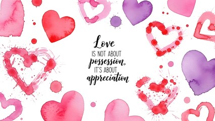 Artistic Watercolor Hearts and Paint Splashes with Inspirational Love Quote on White Background