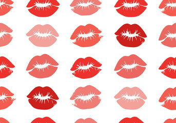 Repeating Vector Pattern of Assorted Red and Pink Lipstick Kiss Marks on White Background, Love Theme