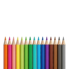 Colorful pencils arranged in a row on transparent background for art and drawing