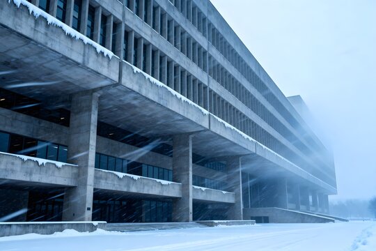 Schneetreiben vor einem brutalistischen B&uuml;rokomplex &ndash; kalt und monumental