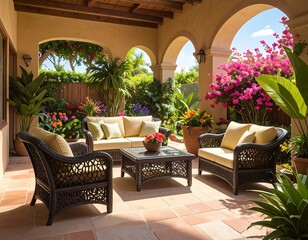 Sunny patio with cushioned wicker seating, arches, plants, terracotta floors, and vibrant blooms