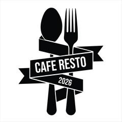 Modern black and white vector logo for a restaurant or cafe featuring a spoon, fork, and banner with custom text.