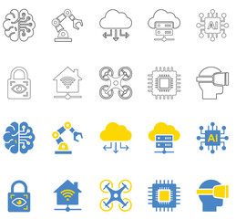 Obraz premium Modern Artificial Intelligence and Future Technology Vector Icon Set Line and Flat Style 