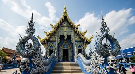 Obraz premium Ornate blue temple with golden roof and dragon sculptures featuring skulls.