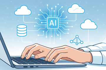 Hands typing on a laptop with digital AI, cloud, and data network icons, symbolizing artificial intelligence integration and cloud computing technology