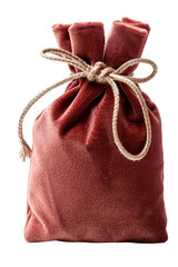 Soft red velvet pouch featuring a golden drawstring sits alone against a transparent background. Perfect for presenting gifts, jewelry, or small items elegantly