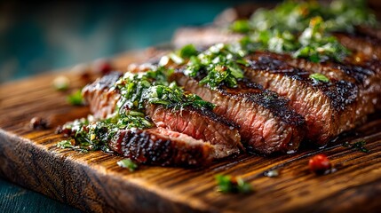 Delicious grilled flank steak sliced on a rustic wooden cutting board topped with fresh green herbs and chimichurri with rich textures visible.