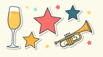 Vector template of a set of champagne glass, star, and trumpet-shaped stickers in a flat design style, featuring bold lines, minimalist details, and a vibrant colour © Nur