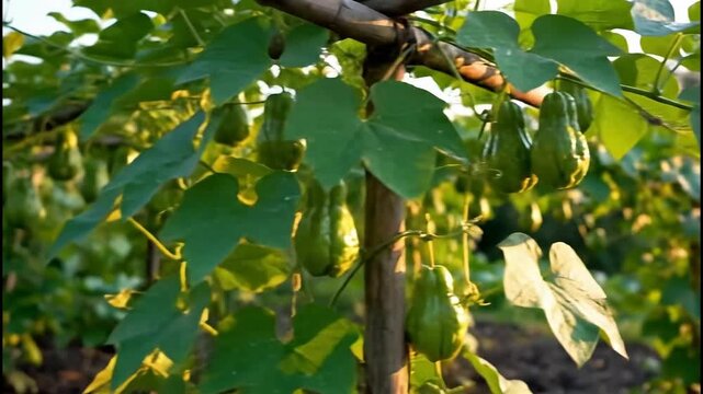 Fresh chayote plants in the garden, vibrant green fruits dangling among lush vines and leaves, symbolizing healthy organic growth and freshness