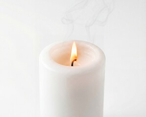 A single white pillar candle burning with a gentle flame and subtle smoke against a pure background