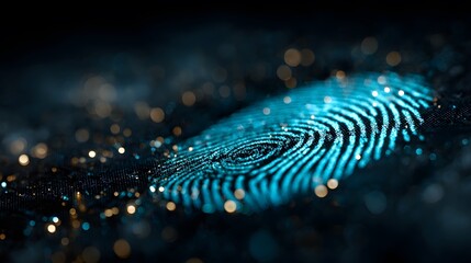 Digital security concept with glowing blue fingerprint scanning on a dark technological network background representing cyber identity safety.