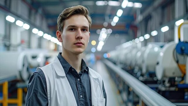Young man in a lab coat looks at camera in an industrial facility