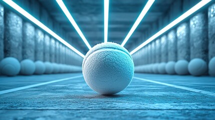 A lone tennis ball sits centered in a glowing hallway with receding spherical objects