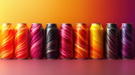 Nine colorful soda cans with swirly, vibrant designs against an orange-to-pink gradient background