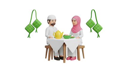 3D Muslim Couple Enjoying Iftar with Ketupat and Tea on transparent background