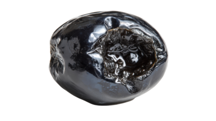 Single black olive close-up with glossy skin and indentation, showing details of texture and culinary appeal on transparent background