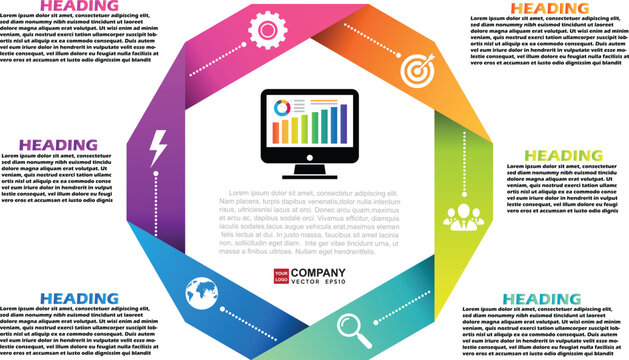 6 Step Octagonal Business Cycle Infographic. Colorful Polygon Process Flow with Computer Monitor and Strategy Icons. Professional Vector Illustration for Technology and Analysis