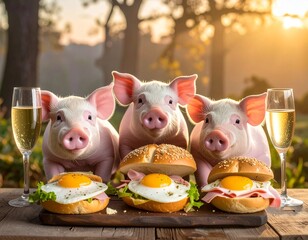 pigs with breakfast sandwich