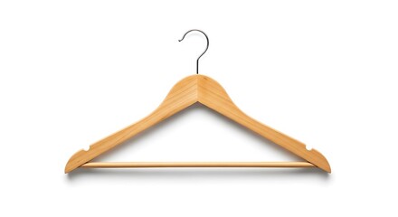 A single wooden clothes hanger hangs against a white background.