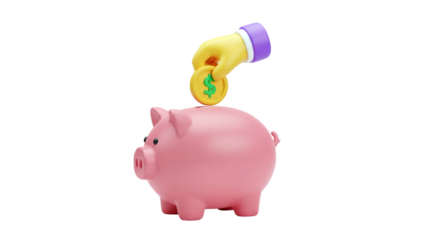 3D Pink Piggy Bank with Hand Inserting Dollar Coin on transparent background