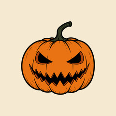 A classic orange jack-o'-lantern with a menacing carved face, featuring sharp eyes and a jagged toothy grin, on a light background.