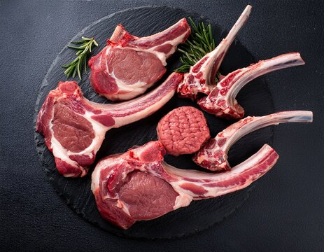 top view of raw lamb chops and fresh mutton cutlets on ribs with a dark background offering ample copy space image