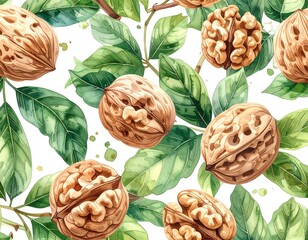 Watercolor pattern of walnuts and green leaves scattered on a white background, artistic and organic