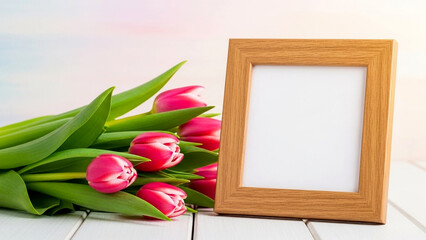 Wooden photo frame next to pink and white tulips on white wooden surface