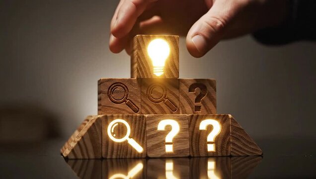 Hand placing wooden block with glowing lightbulb icon on stack of blocks with question marks and magnifying glass